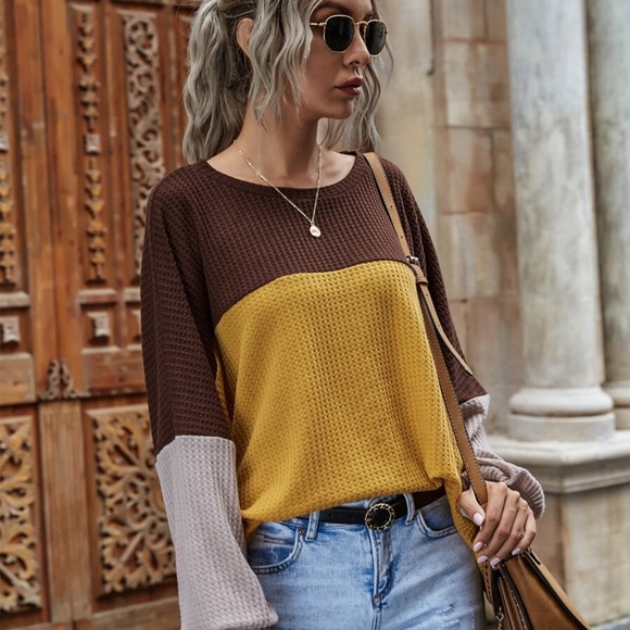 oversized color block knit waffle long sleeve top - Picture 4 of 11